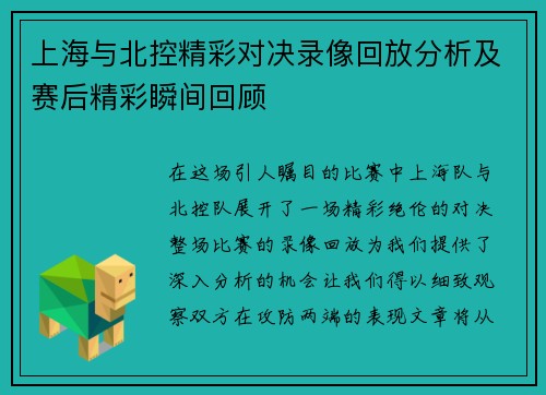 上海与北控精彩对决录像回放分析及赛后精彩瞬间回顾
